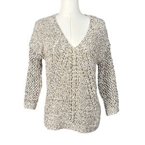 J. Jill Marled V-Neck Sweater Womens XS Petite Open Knit Pointelle Tan